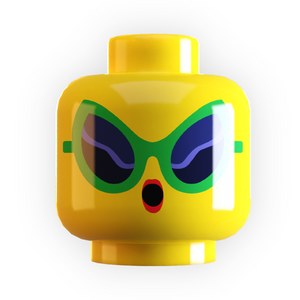 Yellow LEGO minifigure head with green sunglasses and a red nose on a white background