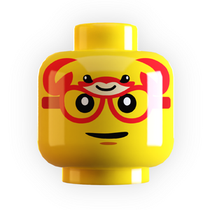 Yellow toy head with a crab design and red glasses on a white background