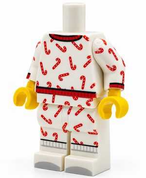 A LEGO minifigure torso wearing a white long-sleeve top and matching pants covered in a red candy cane pattern, with yellow hands and a white neck piece on a white background.
