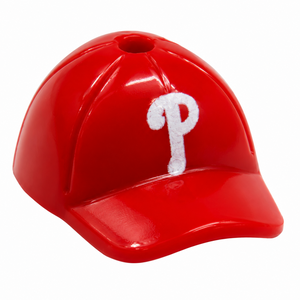 A glossy red baseball cap with a white embroidered Philadelphia Phillies 'P' logo on the front, shown on a plain white background.