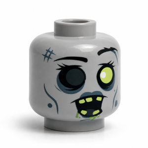 A custom LEGO minifigure head with a zombie design, featuring a light gray base, black painted eyebrows and mouth details, and one prominent glowing lime green eye.