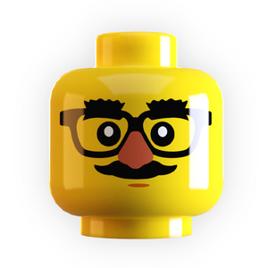 Yellow Lego minifigure head with funny glasses and a mustache on a white background