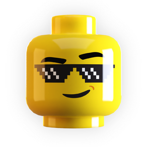 Yellow LEGO minifigure head with pixelated sunglasses on a white background