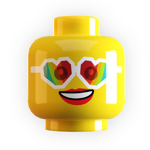 Yellow LEGO minifigure head with colorful heart sunglasses and a smile on a white background