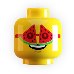 Yellow LEGO minifigure head with a watermelon slice and smiley face on a white background